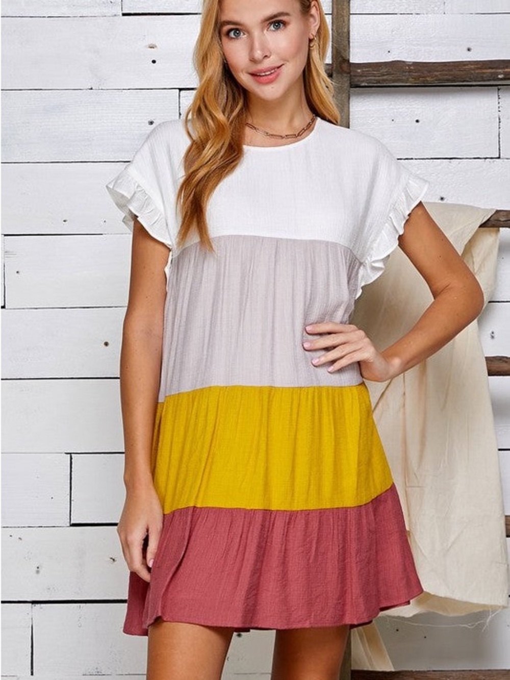 Sweet Lemon Tiered Colorblock Ruffle Sleeve Midi Dress Size Small
